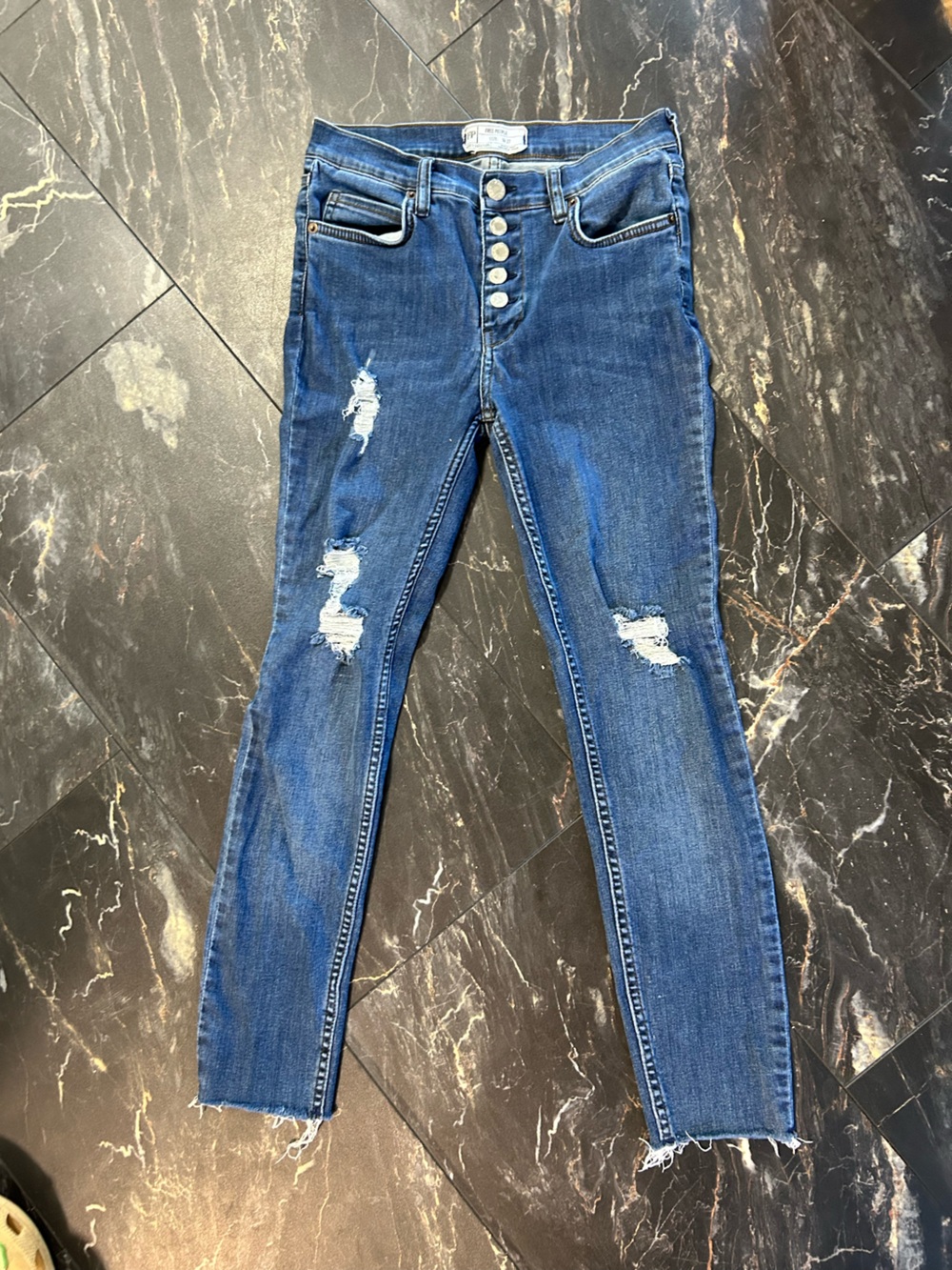 Free People Skinny Jeans in Medium Blue with Distressed Details